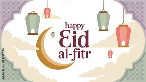 Colorful lanterns hanging with crescent moon and happy Eid al- Fitr text Eid al-Fitr celebration