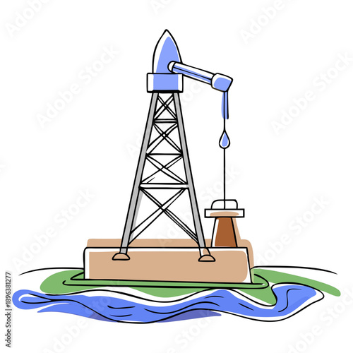Oil drilling rig extracting oil from the ground with water below  