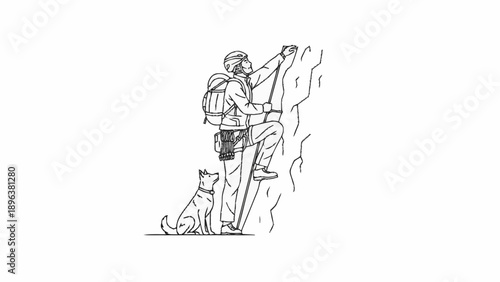 Man climbing rock with dog watching him.