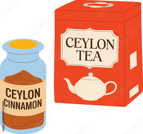 Ceylon tea box and cinnamon spice jar on white background