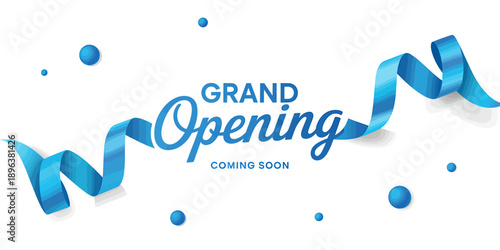 Grand opening coming soon text with blue ribbon and dots on white