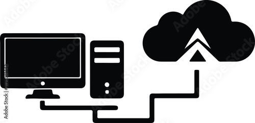 Silhouette desktop computer connected to cloud with upload arrow illustration vector
