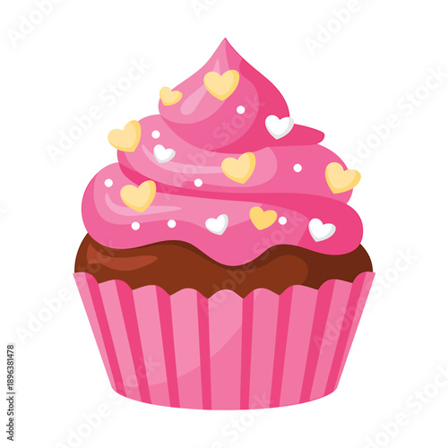 A pink frosted chocolate cupcake with hearts on top  sweet dessert