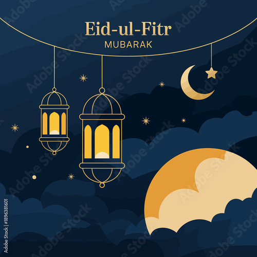 Eid ul Fitr Mubarak celebration with lanterns and moon in night sky
