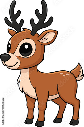 Adorable Cartoon Baby Deer Fawn Vector Illustration with Antlers Isolated on White Background for Children's Books, Woodland Forest Animal Mascot, and Holiday Greeting Card Designs
