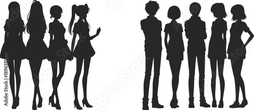 Set of nine anime manga character silhouettes, group of boys and girls standing together, black vector illustration isolated on white background.