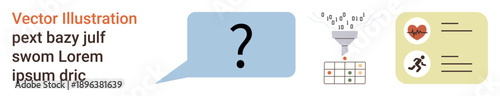 Data analysis, organization, communication, decision-making, workflow, productivity. Funnel filtering data, speech bubble with question mark checklist icons. Data analysis and organization concept