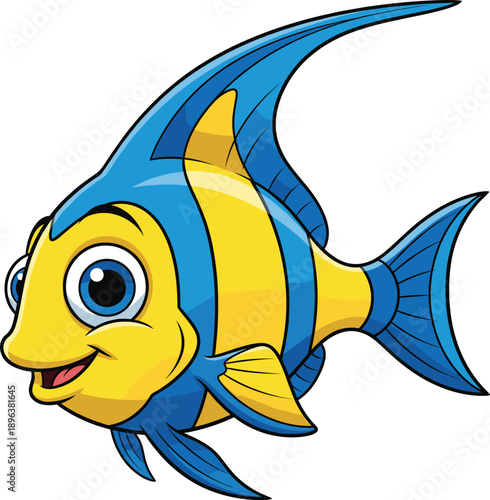 Cute Blue and Yellow Cartoon Tropical Fish Vector Illustration Isolated on White Background for Children Book Illustrations, Aquatic Marine Life Mascot, and Underwater Graphic Design