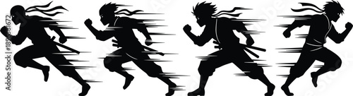 Running ninja silhouette set, black vector illustration with motion lines, dynamic poses, swords and headbands for action, animation, and character design themes