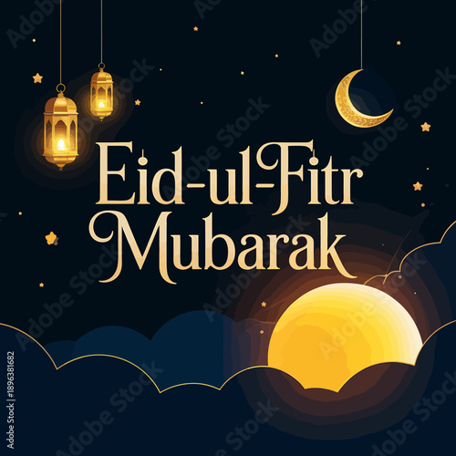 Eid ul Fitr Mubarak greeting card with moon stars and lanterns