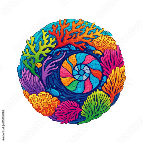 Vibrant circular illustration of a colorful coral reef surrounding a rainbow nautilus shell in deep blue water.