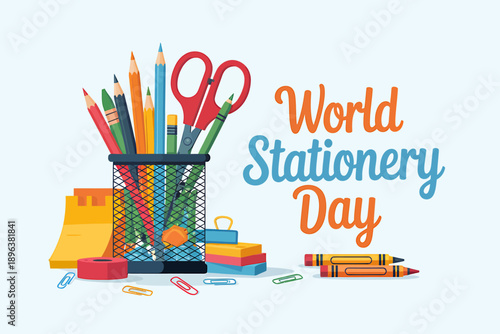 Colorful school supplies for World Stationery Day celebration  office and office tools