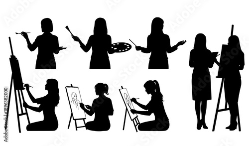 Woman artist silhouette vector set with painting and drawing poses