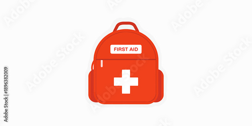 Red first aid backpack with white cross and handle