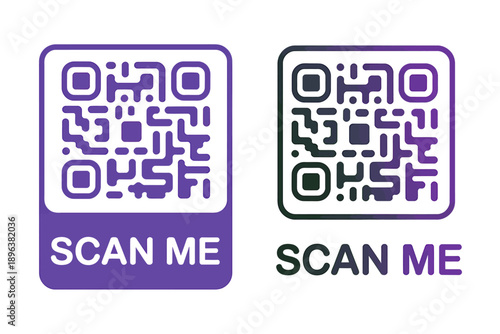 Two qr code scan me icons in purple and black on white background