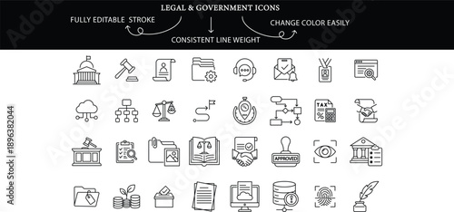 Collection of editable stroke icons representing law, justice, government, and administration. Fully customizable and scalable for web, apps, and print