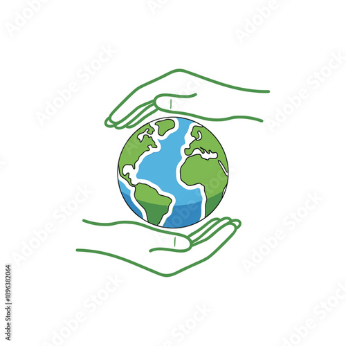 Green outline hands gently cradling a vibrant blue and green Earth globe, symbolizing environmental protection and global care.
