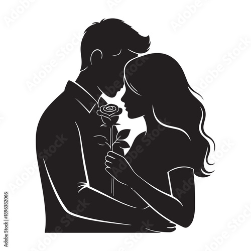 Romantic Silhouette of Couple Embracing with Rose