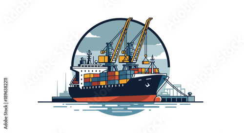 Cargo Ship Loading Containers at Industrial Port with Cranes.