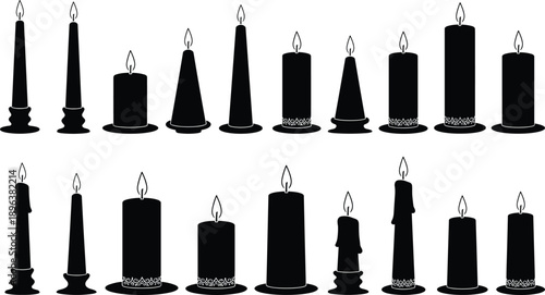 Black candle silhouettes set, burning taper and pillar candles collection, decorative wax flames vector illustration isolated on light background