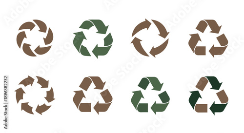 Recycling symbols collection in green and brown tones, eco-friendly design elements for sustainability