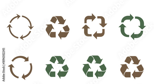 Collection of recycling symbols in brown and green, eco-friendly sustainability icons