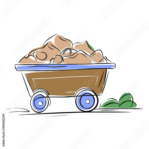 Cart filled with dirt and rocks rolling on the ground  