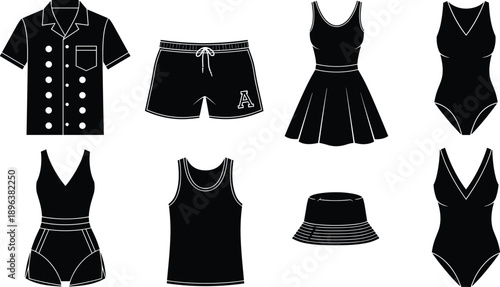 Black clothing silhouettes set, men and women apparel icons, minimalist fashion collection, vector illustration isolated on light background