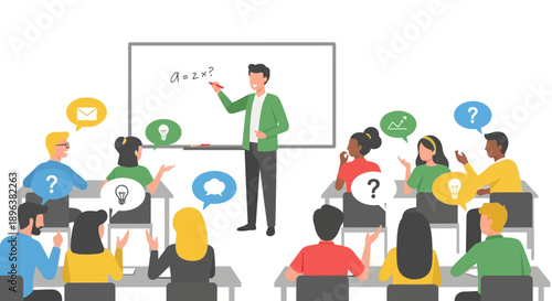 Teacher Explaining to Diverse Students in Classroom, Interactive Learning and Education Concept