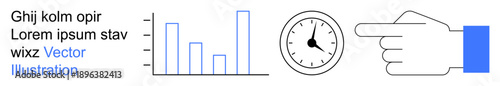 Business analytics, time management, tracking progress, data visualization, decision-making, workflow efficiency. Bar graph, clock and pointing hand displayed. Business analytics and time management