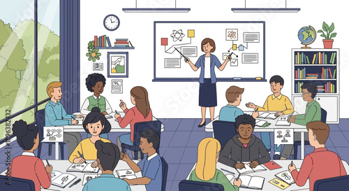 Diverse Students Learning in a Modern Classroom with Teacher and Whiteboard