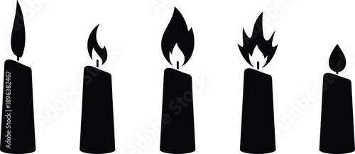 Candle flame silhouettes set, burning wax light icons, minimalist fire shapes collection, vector illustration isolated on light background