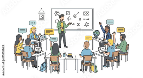 Diverse Students and Teacher in Interactive Classroom Learning Environment