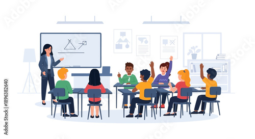 Diverse elementary students actively learning in a classroom with a teacher at the whiteboard.