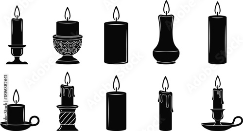 Candle silhouettes set, burning wax pillar and decorative holder collection, black vintage candle icons vector illustration isolated