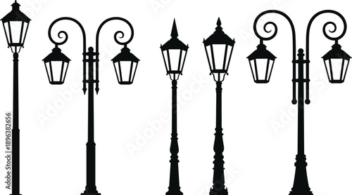 Classic street lamp silhouettes set, vintage ornate lantern posts collection, decorative urban lighting vector illustration isolated