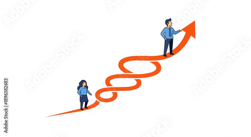 Business People Climbing Winding Growth Arrow. Corporate Success Path, Strategy, Career Development, and Achievement Concept Vector Illustration.