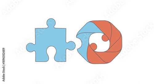 Conceptual integration icon: Blue jigsaw puzzle piece linking with a complex orange abstract geometric shape. Business synergy and solution design.
