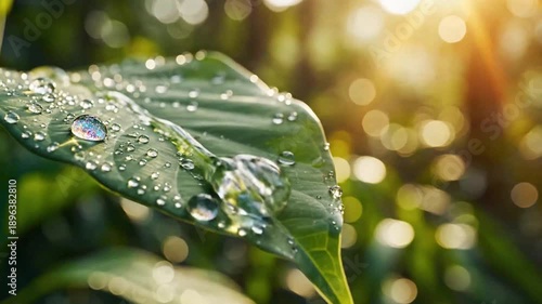 Close up of water droplets on green leaf with sunlight bokeh