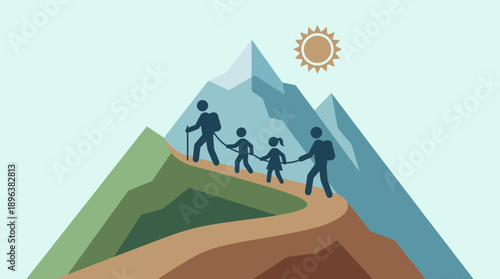 Flat vector illustration showing a family of four figures hiking up a winding mountain path toward sunlit peaks, concept for team building, successful goals and financial security