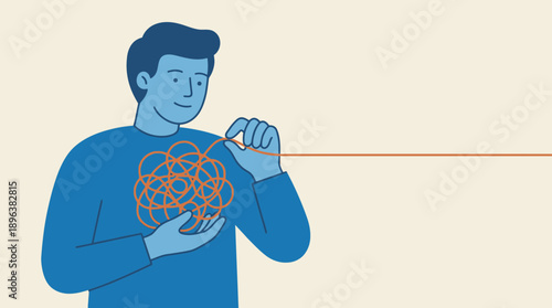 Blue illustration of a man carefully untangling a complex knot of orange lines in his hands, concept for mental health therapy, psychological support and problem resolution