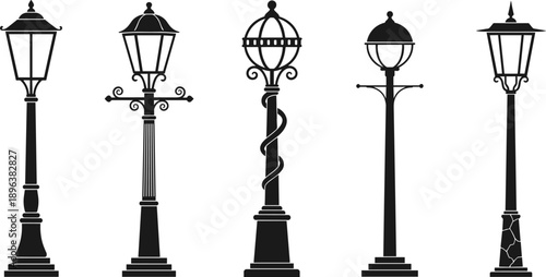 Classic vintage street lamp silhouettes set, decorative urban lantern posts with ornate bases outdoor lighting vector illustration