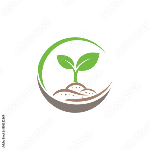 A vibrant green seedling sprouts from rich brown soil within a circular green and brown emblem.