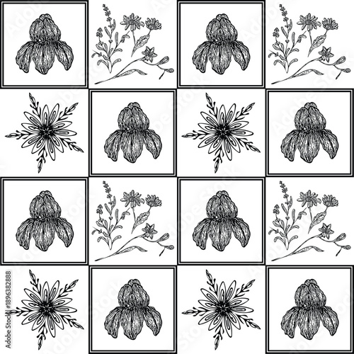 Seamless vintage floral pattern with iris and wildflowers