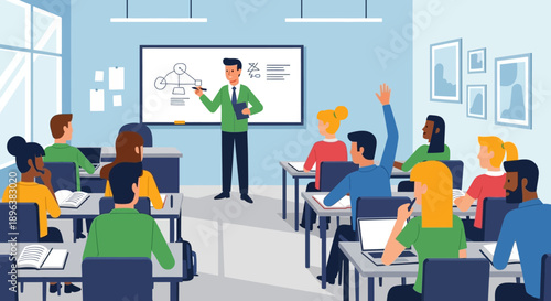 Diverse Students Learning in Classroom with Teacher at Whiteboard