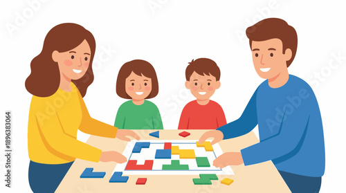 Happy family playing a colorful block puzzle board game together at a table, flat vector illustration, concept for parenting, childhood education and quality time activity