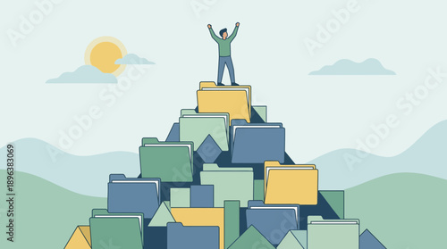 Man celebrating success atop massive colorful document folders, concept for career advancement, data management and professional achievement