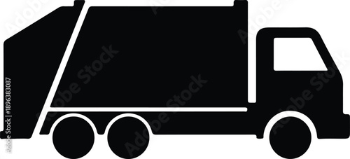 Isolated municipal sanitation garbage truck side view silhouette black white illustration vector