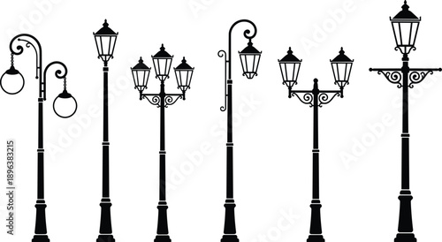 Decorative vintage street lamp silhouettes set, classic urban lantern posts and ornate outdoor lighting fixtures vector illustration collection