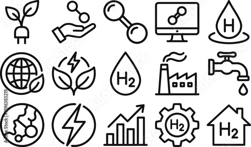 Clean energy and hydrogen technology icons. Vector illustration with symbols for electricity, sustainability, and industry.